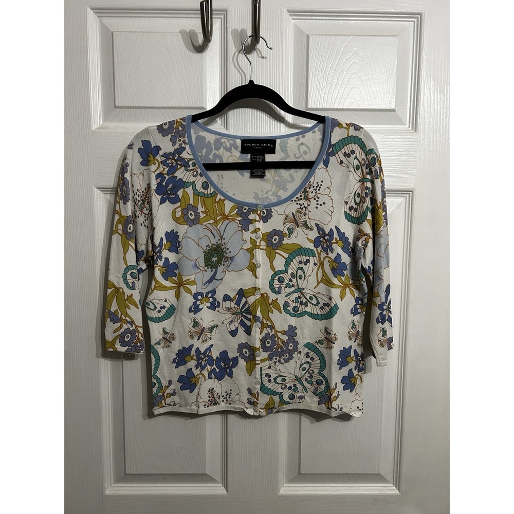 August Silk Knit M Cardigan Button Up Floral Butterfly Print Y2K Rayon Nylon‎